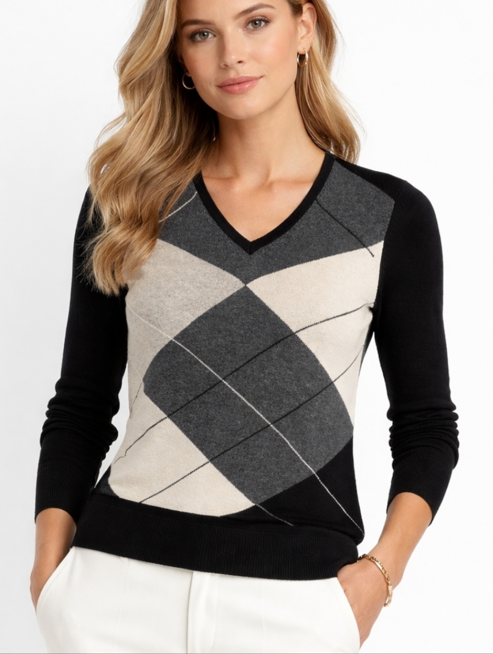100%‎ Cashere Argyle Sweater V-neck Preppy Quiet Luxury Size Small